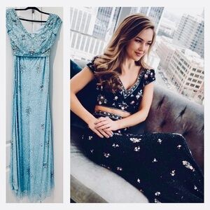 NWT $750 MSRP Sherri Hill Floral Light Blue Sequined Two Piece Skirt Dress